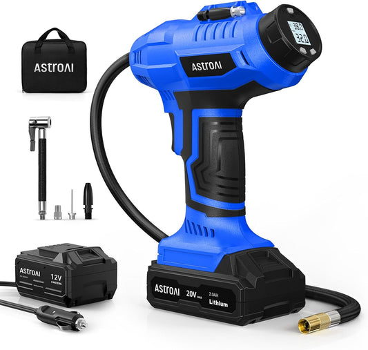 C2 Cordless Tire Inflator Air Compressor 20V Rechargeable Battery Powered 160PSI Portable Handheld Air Pump with 12V Car Power Adapter Digital Pressure Gauge for Cars Motorcycles Gift Blue