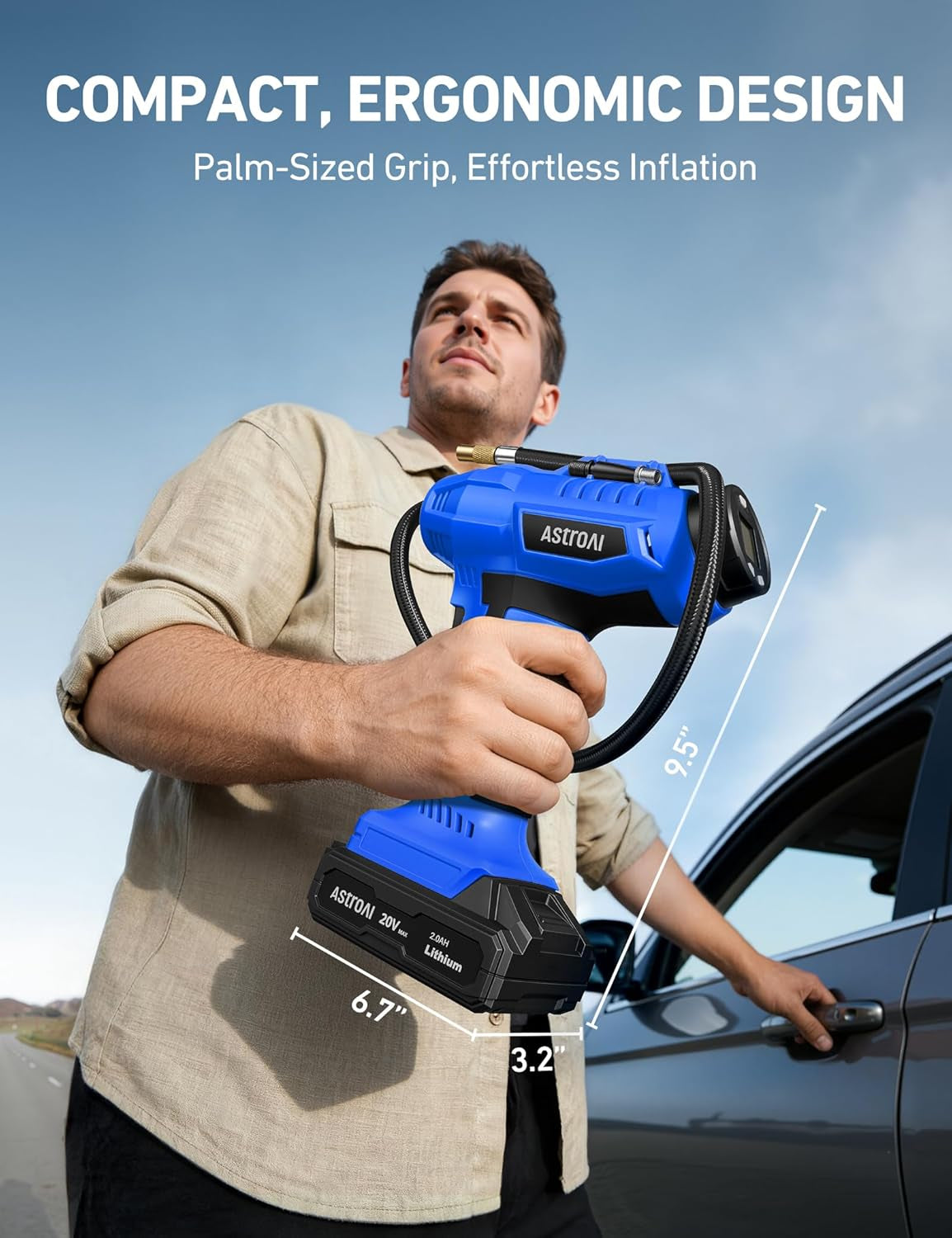 C2 Cordless Tire Inflator Air Compressor 20V Rechargeable Battery Powered 160PSI Portable Handheld Air Pump with 12V Car Power Adapter Digital Pressure Gauge for Cars Motorcycles Gift Blue